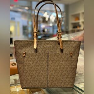 MICHAEL KORS JET SET TRAVEL MD DOUBLE POCKET TOTE SHOULDER BAG MK BROWN MOCHA